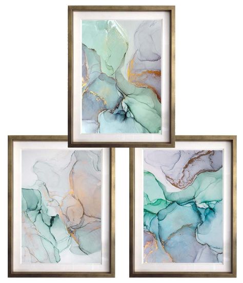 Set 3 Abstracto Turquesa 40X50 Marco Dorado-0
