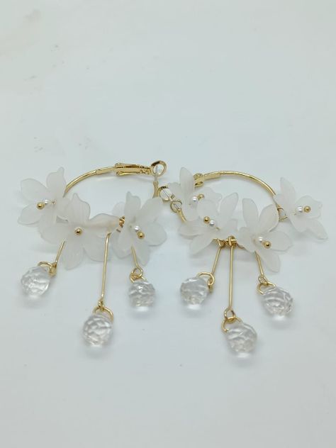 Aros pendientes largos flores blanco pétalos primaveral-2