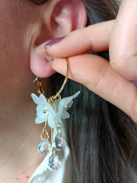 Aros pendientes largos flores blanco pétalos primaveral-1