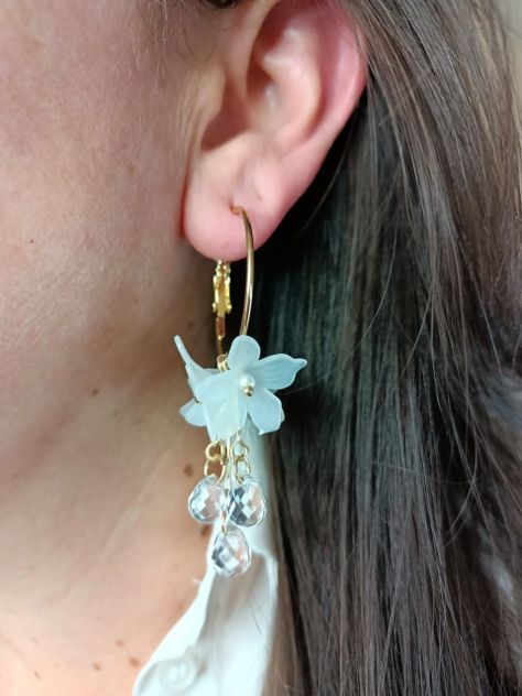 Aros pendientes largos flores blanco pétalos primaveral-3