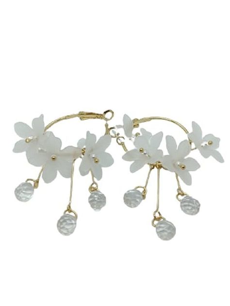 Aros pendientes largos flores blanco pétalos primaveral-0