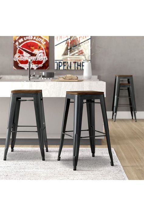 Pack 4 Pisos Metal Tolix con Asiento Madera Negro-1