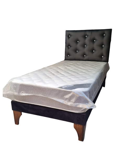Cama Europea 1plaza Respaldo Negro cuero Pu Diamante Colchon Resorte Bonnell Marver -2