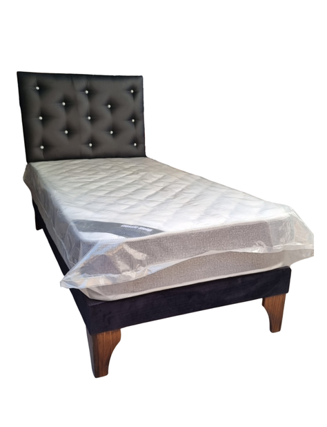 Cama Europea 1plaza Respaldo Negro cuero Pu Diamante Colchon Resorte Bonnell Marver -1