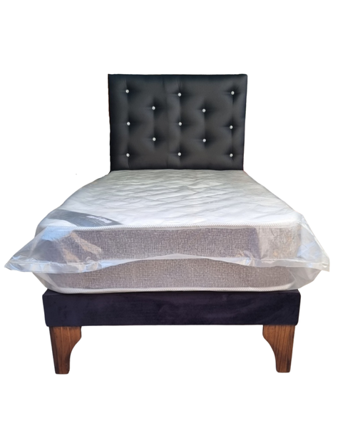 Cama Europea 1plaza Respaldo Negro cuero Pu Diamante Colchon Resorte Bonnell Marver -0