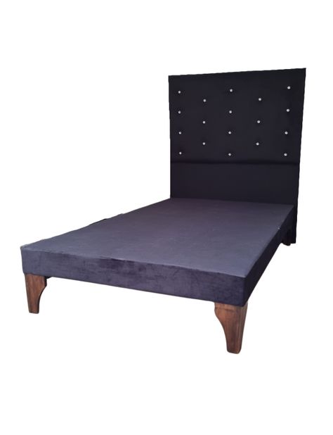 Base Cama Europea 1.5 plazas + Respaldo a Piso Negro Felpa Botón Diamante -2