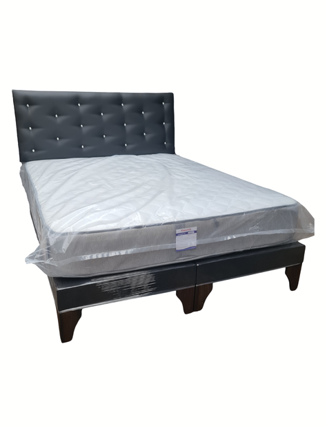 Cama Europea 2Plazas Negro Eco Cuero Botón Diamante-1