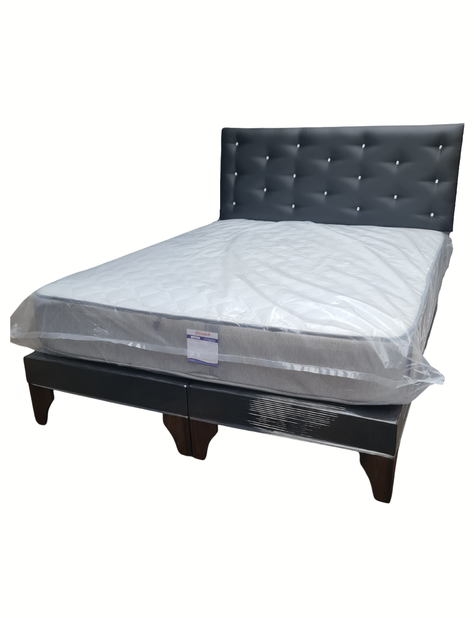 Cama Europea 2Plazas Negro Eco Cuero Botón Diamante-2