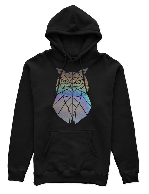 Polerón Canguro Unisex Negro - Búho Geométrico holográfico -0