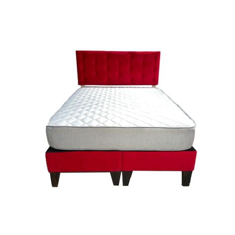 Cama Americana Full + Colchon de resortes + Respaldo Roja Felpa Pmadera-1