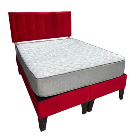 Cama Americana Full + Colchon de resortes + Respaldo Roja Felpa Pmadera-0