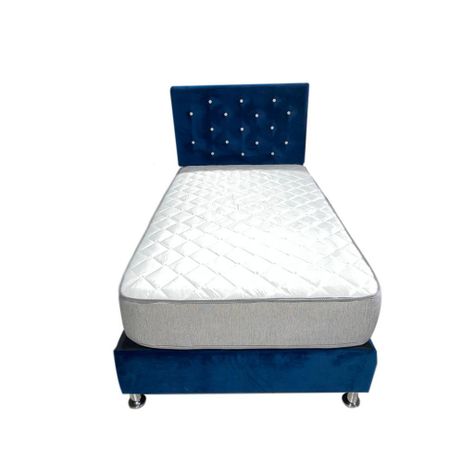 Cama Americana 1.5P + Colchon de resortes + Respaldo Azul MarinoB/Blanco  Pmetal-2