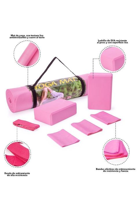 Set Yoga Bloques Mat Bandas de Estiramiento Rosado-3
