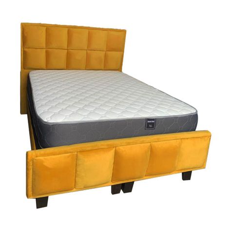 Cama Americana 2P + Colchon de resortes + Respaldo Mostaza Felpa-0