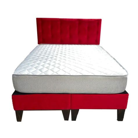 Cama Americana 2P + Colchon de resortes + Respaldo Roja Felpa Pmadera-1