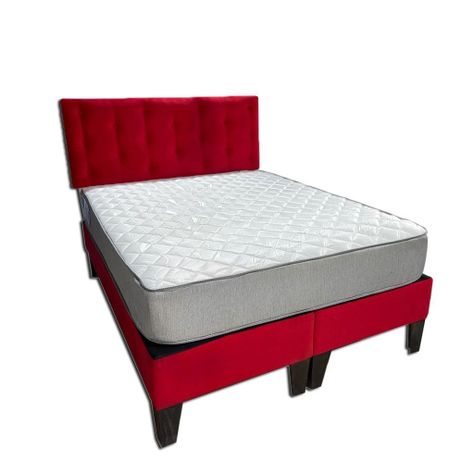 Cama Americana 2P + Colchon de resortes + Respaldo Roja Felpa Pmadera-0