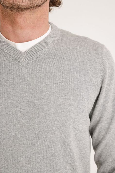 Sweater Hombre Algodón Cuello V Slim Parrot Gris Melange-2