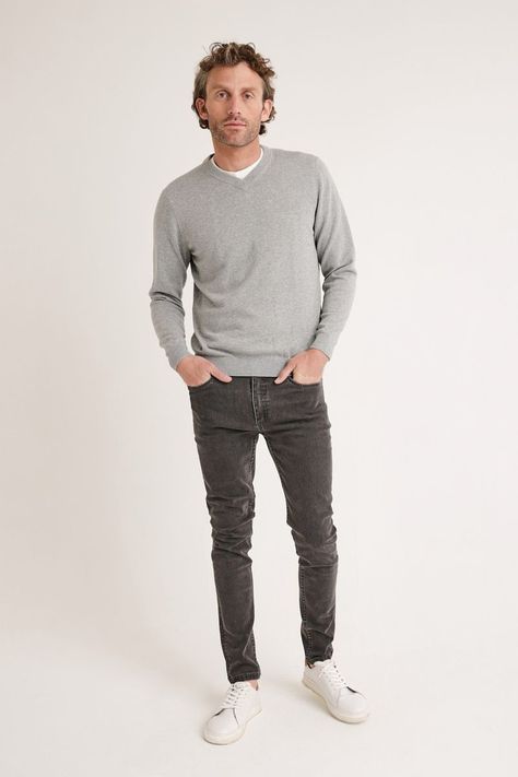 Sweater Hombre Algodón Cuello V Slim Parrot Gris Melange-3