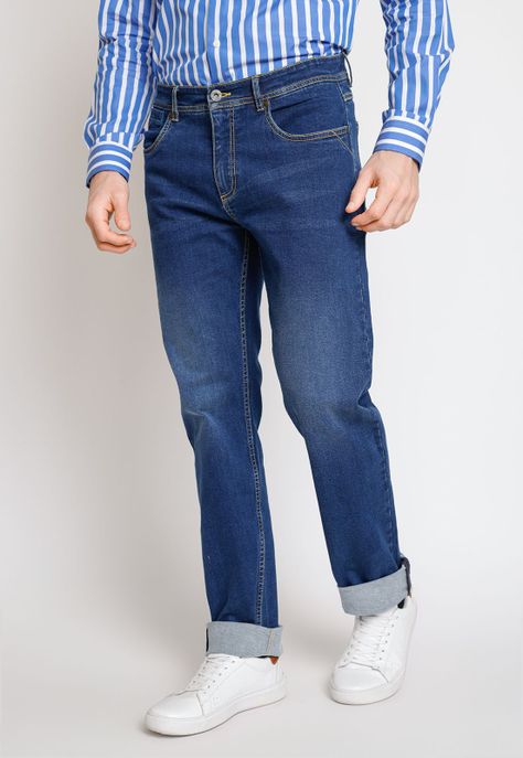 Jeans Hombre Algodón Liso Regular Nada Azul Medio-0