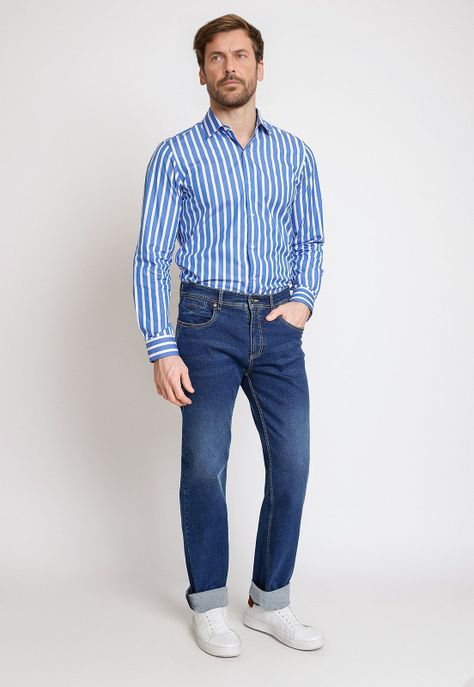 Jeans Hombre Algodón Liso Regular Nada Azul Medio-3