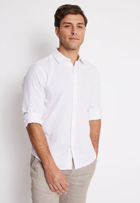 Camisa Hombre Manga Larga Lino Texturada Blanco-0