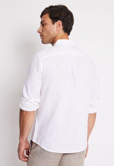 Camisa Hombre Manga Larga Lino Texturada Blanco-1
