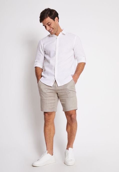 Camisa Hombre Manga Larga Lino Texturada Blanco-3