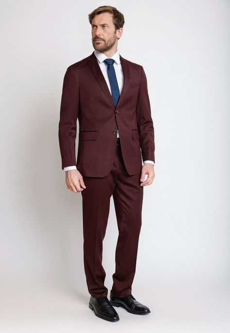 Traje Formal Hombre Mezcla Algodón Microdiseño Slim Graduación Burdeo-0