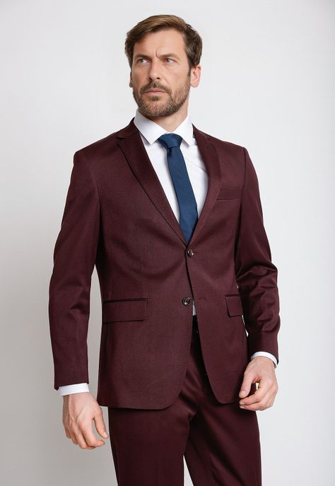 Traje Formal Hombre Mezcla Algodón Microdiseño Slim Graduación Burdeo-3