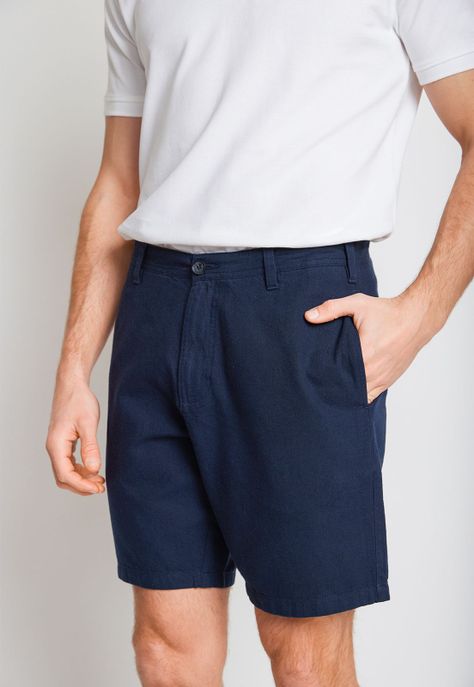 Bermuda Hombre Mezcla Algodón Lino Liso Slim Venus Azul Marino-0