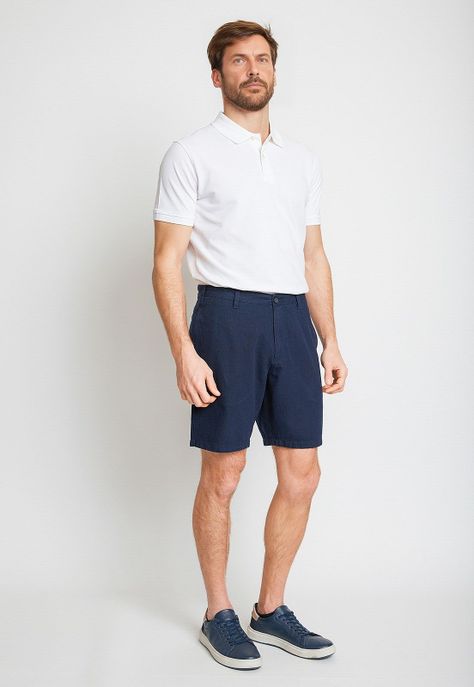 Bermuda Hombre Mezcla Algodón Lino Liso Slim Venus Azul Marino-3