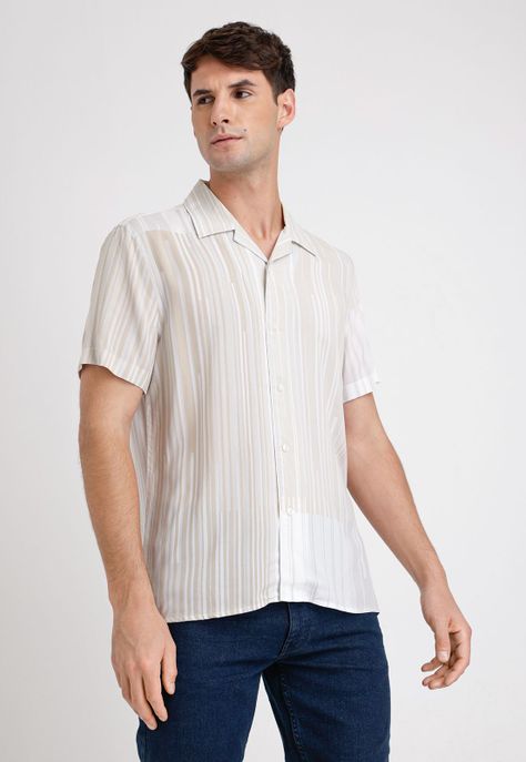 Camisa Hombre Manga Corta Estampada Beige-0