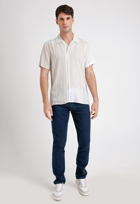 Camisa Hombre Manga Corta Estampada Beige-3