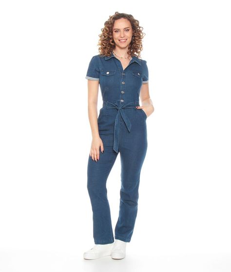 Enterito Manga Corta Denim Con Bolsillo Y Cinturon-0