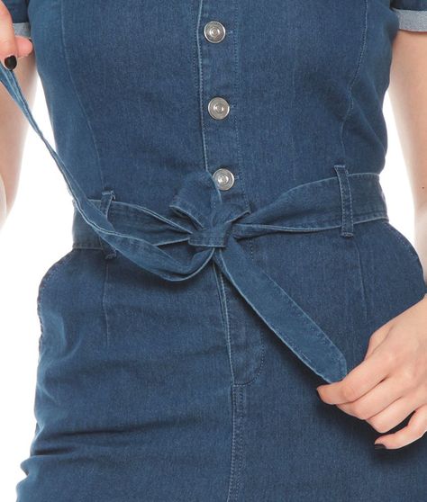 Enterito Manga Corta Denim Con Bolsillo Y Cinturon-4