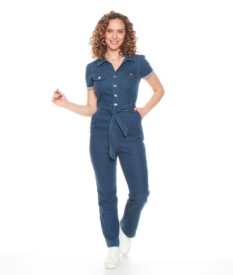 Enterito Manga Corta Denim Con Bolsillo Y Cinturon-5