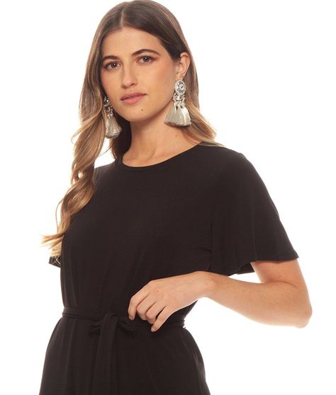 Vestido Manga Corta Con Lazo En Cintura Solido-2
