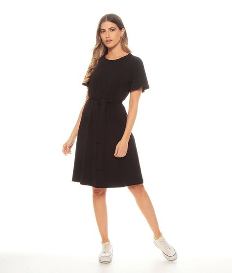 Vestido Manga Corta Con Lazo En Cintura Solido-4