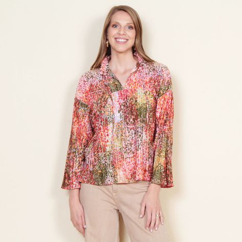 Blusa Plisada Estampada Manga Larga Con Lazo En Escote-0
