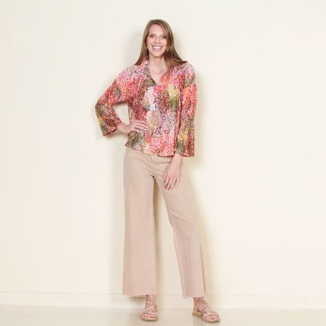Blusa Plisada Estampada Manga Larga Con Lazo En Escote-2