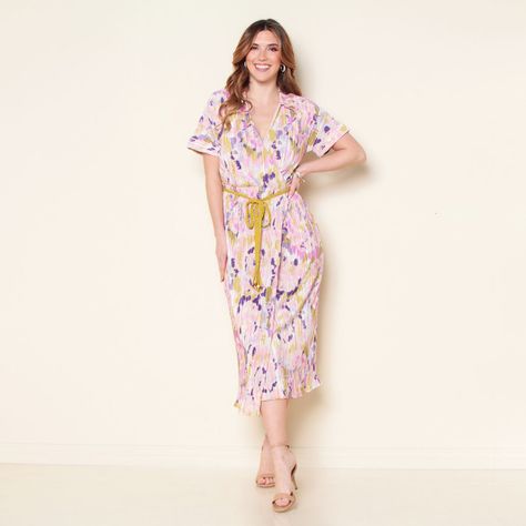 Vestido Plisado Manga Corta Estampado Escote V Con Lazo En Cintura-1