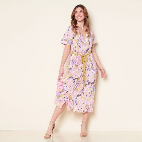 Vestido Plisado Manga Corta Estampado Escote V Con Lazo En Cintura-2