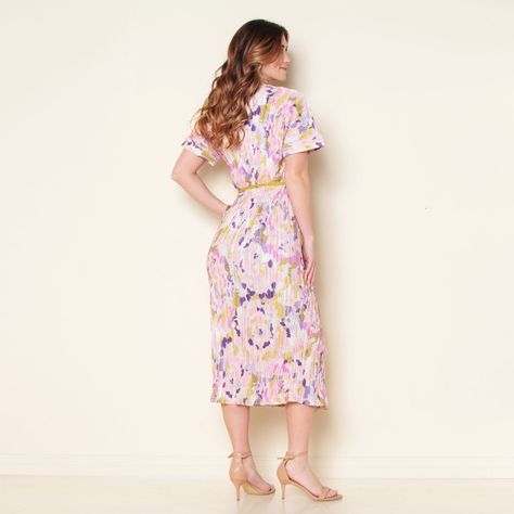Vestido Plisado Manga Corta Estampado Escote V Con Lazo En Cintura-4
