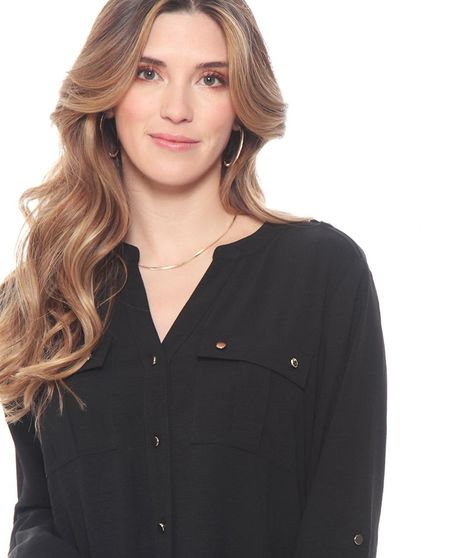 Blusa Manga Larga Solida Con Cuello Mao Y Bolsillos-0