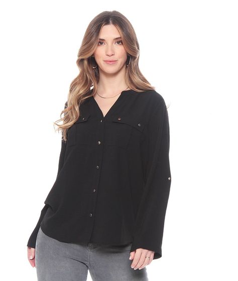 Blusa Manga Larga Solida Con Cuello Mao Y Bolsillos-2