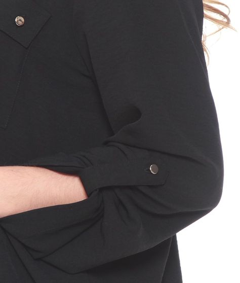 Blusa Manga Larga Solida Con Cuello Mao Y Bolsillos-5