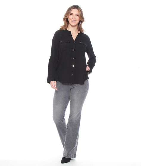 Blusa Manga Larga Solida Con Cuello Mao Y Bolsillos-7