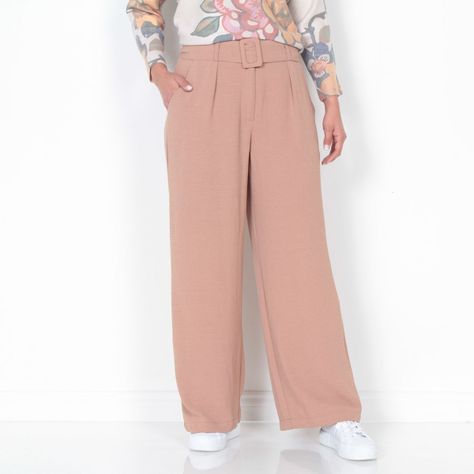Pantalon Wide Leg Pretina Basica Con Cinturon  Tiro Alto-0