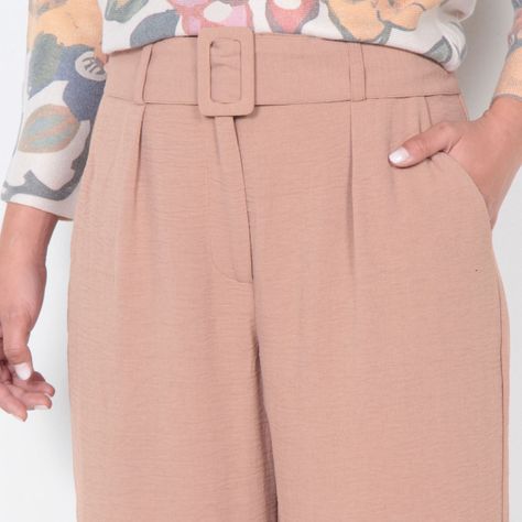 Pantalon Wide Leg Pretina Basica Con Cinturon  Tiro Alto-2