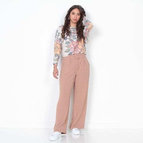 Pantalon Wide Leg Pretina Basica Con Cinturon  Tiro Alto-3